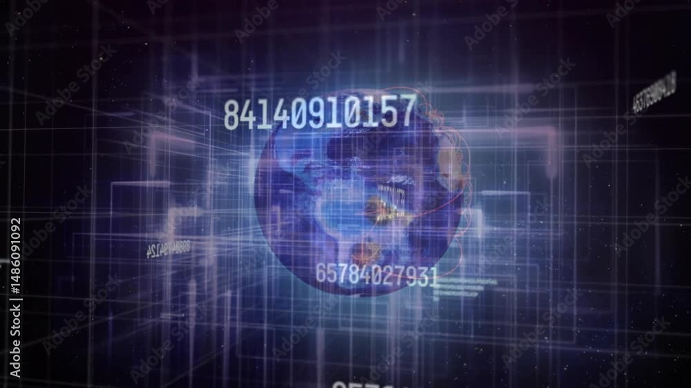 Poster digital earth globe rotating in dark starfield, showing glowing grid lines and data streams