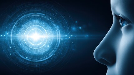 Obraz premium A human face looks at a glowing digital interface with a futuristic, high-tech blue design.