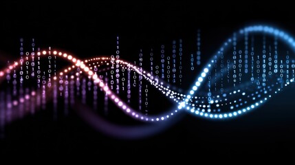 Colorful digital DNA helix with binary code flowing on a dark background, symbolizing biotechnology and data science integration.