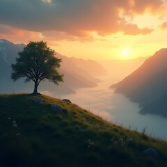 Solitary Tree on Grassy Hilltop at Sunrise with Fog