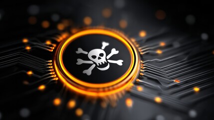 A glowing circuit board with a skull and crossbones symbol in the center, representing digital danger or cyber threats.