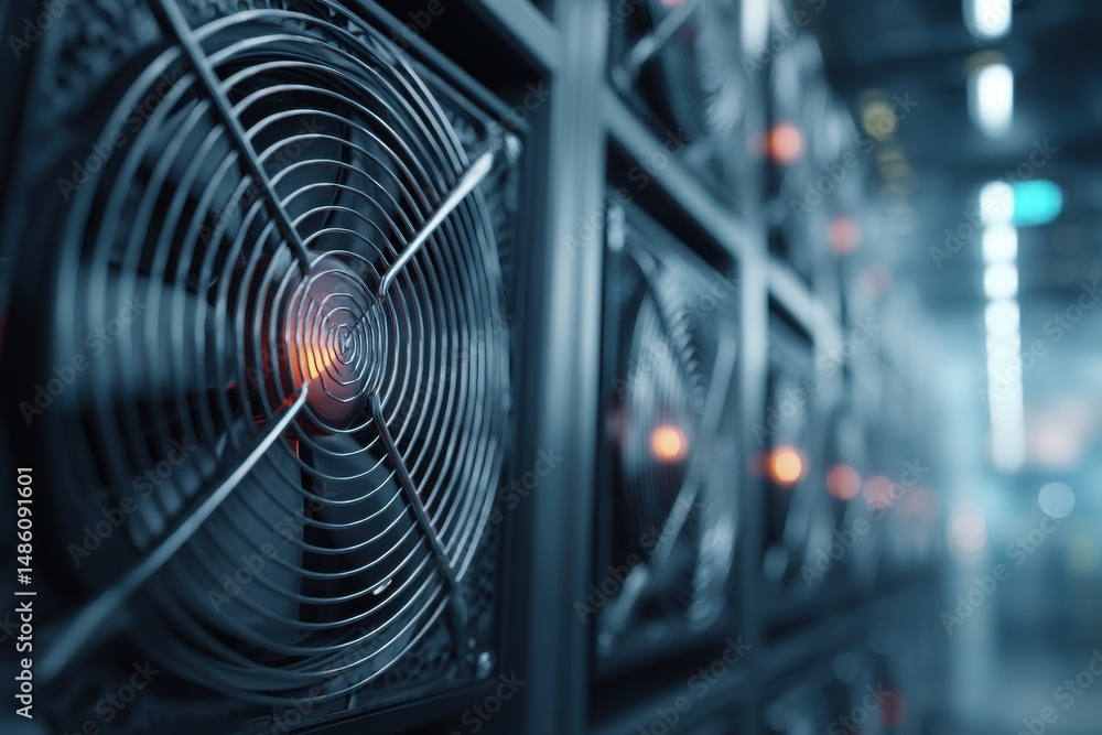Poster a close up view of a server room with computer fans, used for crypto currency mining, showing the co
