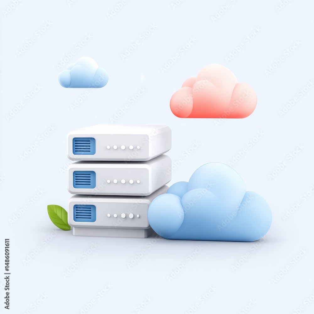 Poster a stack of servers with cloud icons, symbolizing cloud computing and data storage, on a light backgr
