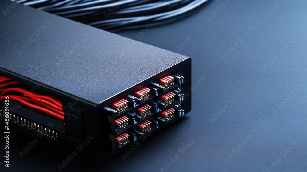 Poster close-up of modern data switch with red and black wiring on dark background