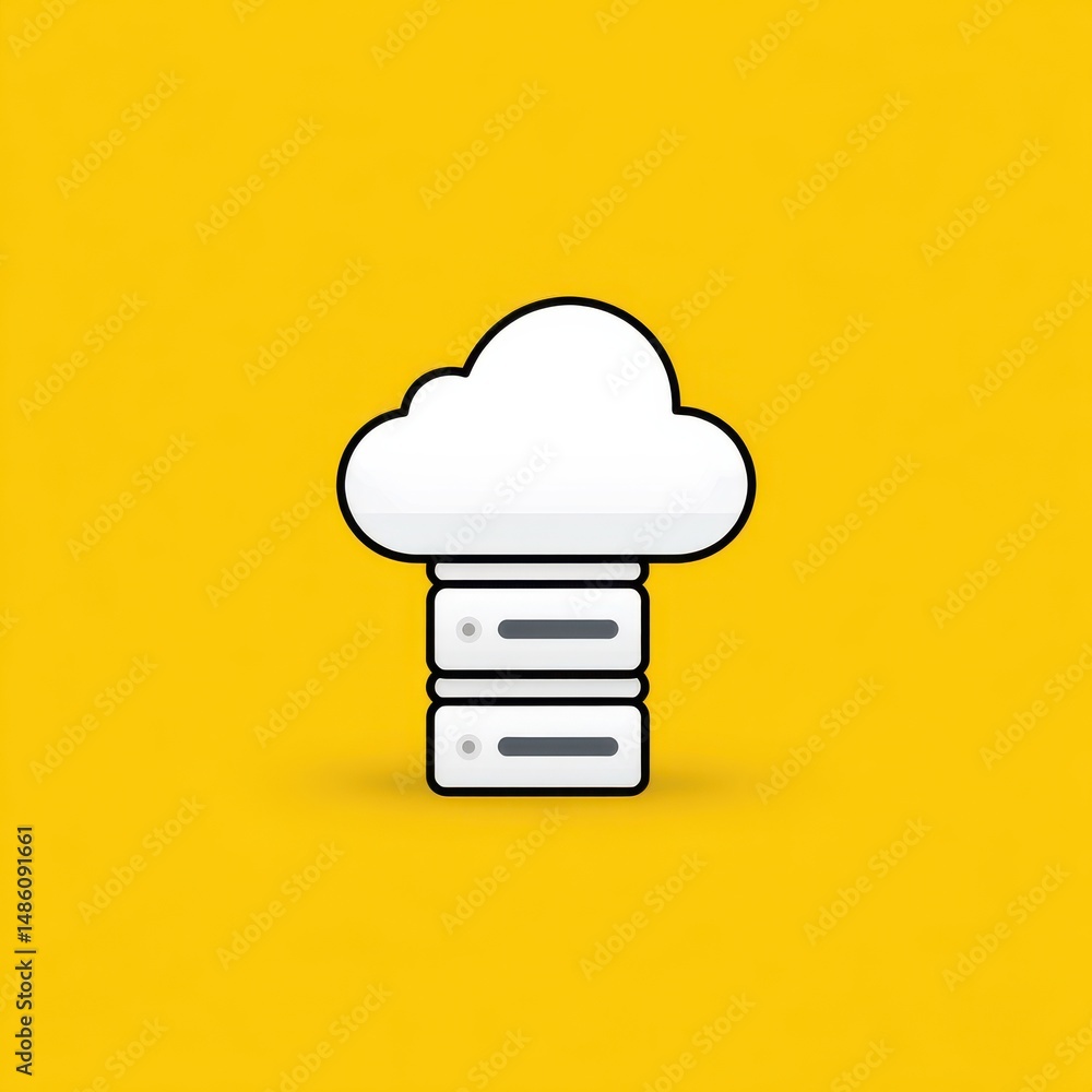 Poster minimalist cloud computing icon with server stacks on a bright yellow background.