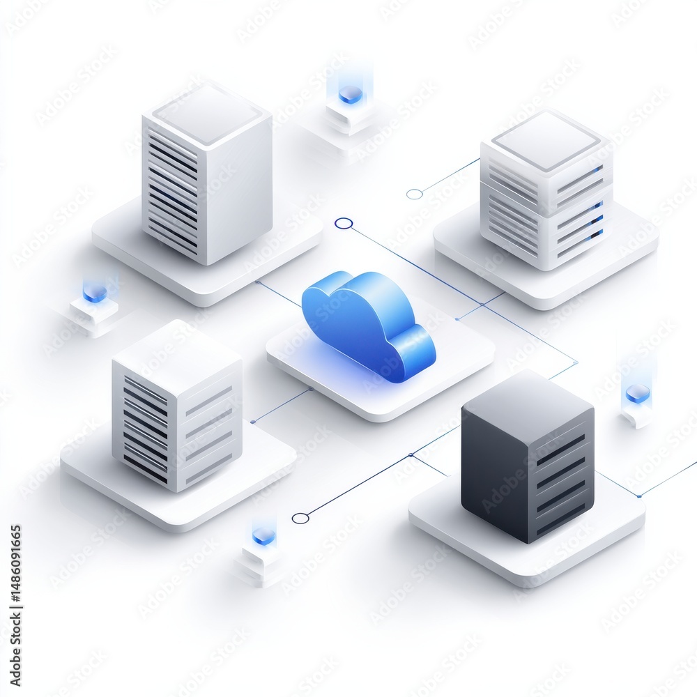 Poster isometric illustration of cloud computing architecture, featuring interconnected servers and a centr