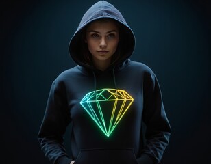 A young woman of undefined ethnicity in a black hoodie with a neon diamond graphic, looking confidently at the camera against a dark backdrop.