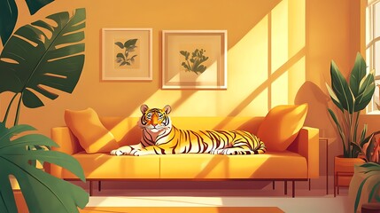 A peaceful tiger resting in a cozy, muted color palette