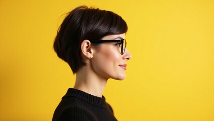 Fototapeta premium Profile of a Woman with Short Hair and Glasses Against a Yellow Background