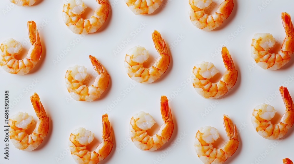 Poster Cooked shrimps arranged in a repeating pattern on a white background.
