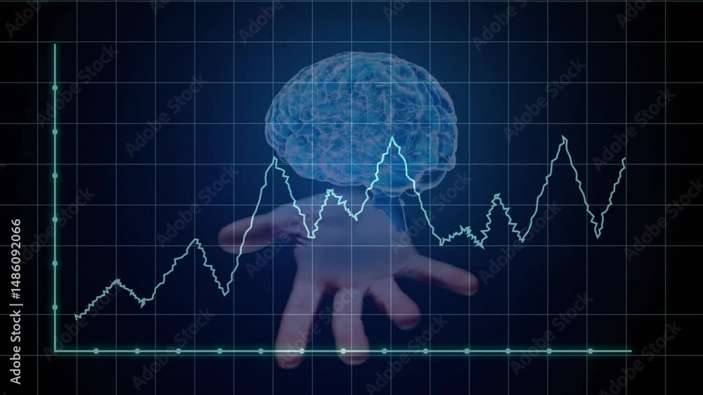 Poster holographic brain floating over palm in grid interface with axis lines, neon line chart pulsing