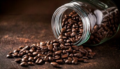 Granos de caf&eacute; tostado oscuro derramados de un frasco de vidrio sobre una superficie r&uacute;stica