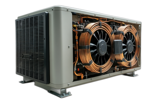 Electric heater with a fan, featuring adjustable temperature settings and compact design. Isolated on transparent background.