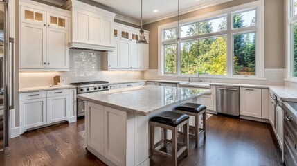 Bright kitchen with white cabinets, large island, quartz countertops, hardwood floors, and expansive windows overlooking a lush green landscape.