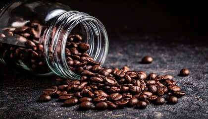 Granos de caf&eacute; tostado oscuro derramados de un frasco de vidrio sobre una superficie r&uacute;stica