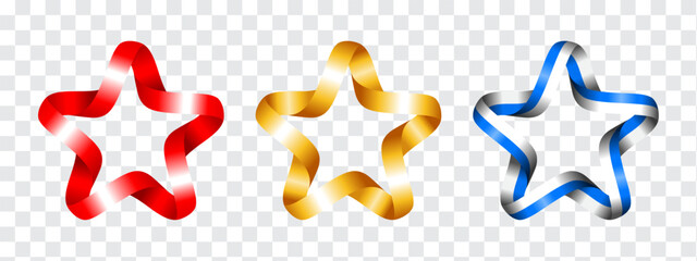 Ribbons in the form of stars in red, gold and white-blue colors. Set of isolated vector illustrations on a transparent background