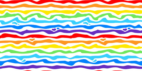 Abstract seamless pattern curved rainbow multicolored stripes on light white background. Print, vector illustration