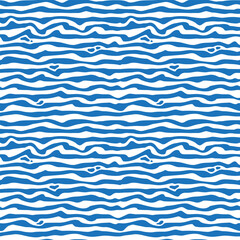 Abstract seamless pattern blue curved stripes on white background. Print, vector illustration