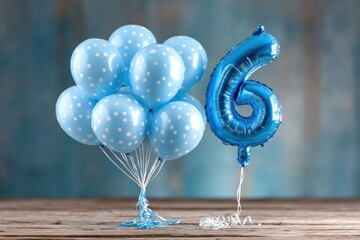 A cheerful sixth birthday celebration with a bunch of light blue polka dot balloons, and a vibrant blue number six balloon on a rustic wooden surface.