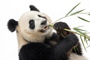 Naklejka premium Giant Panda Eating Bamboo Isolated on White Background