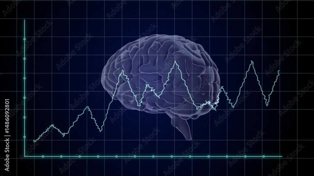 Poster semi-transparent 3d brain model floating over blue grid with waveform tracing across marked axes