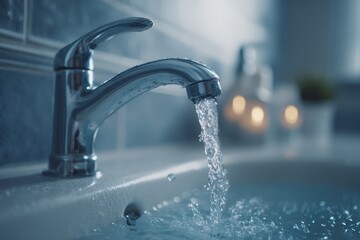 A close up of water running from a modern, chrome faucet into a white ceramic sink, with blurred background of a tastefully decorated bathroom.