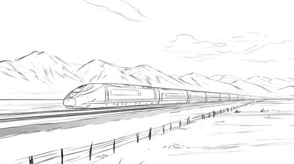 Sketch of a high-speed train traversing a mountain landscape.