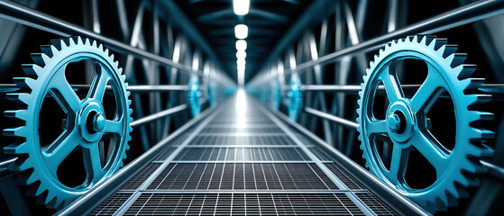 Gear system digital mapping smart bridge metal structure futuristic design technology concept industrial walkway blue lighting