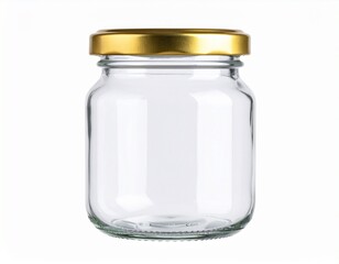 Empty short wide clear glass jar with glossy gold metal twist-off lid, isolated