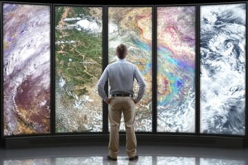 Fototapeta premium A person stands in front of large screens displaying satellite images of Earth's weather patterns and terrain.