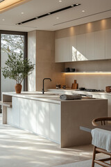 Cuisine blanche moderne avec îlot central, plantes vertes et lumière naturelle dans un intérieur minimaliste et lumineux, style contemporain épuré