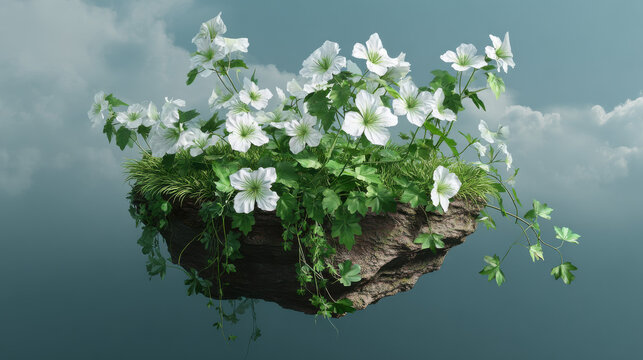 A surreal, dreamlike vision of a floating island covered in lush greenery and delicate white flowers against a serene backdrop of soft clouds and calming sky.