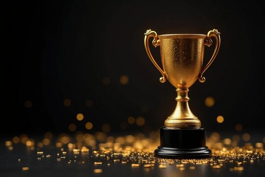 Black background, shimmering golden confetti, winner's cup, sparkle, glitter, achievement