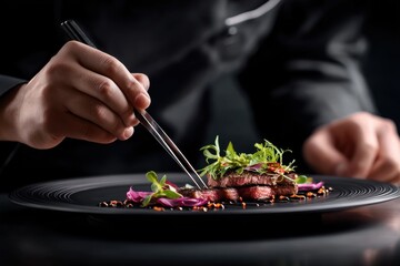 Chef carefully plating a perfectly seared steak dish with vibrant microgreens and delicate flower petals, arranged artfully on a sleek, modern black plate.