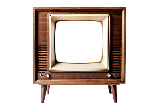 Vintage television displaying blank screen against black background for retro imagery