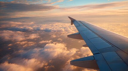 Obraz premium Flight window view with airplane wing above clouds during golden hour, dreamy atmosphere