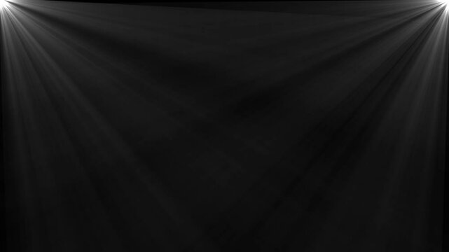 Animated light rays shining from top corner on dark background, glowing beam effect for stage lighting, spiritual visuals, cinematic overlays