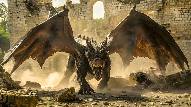 Ancient Dragon Amidst Storm and Ruins  
