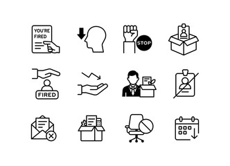job dismissal icon set, fired from job, lost job, laid off, career resign icon set, economic crisis, 