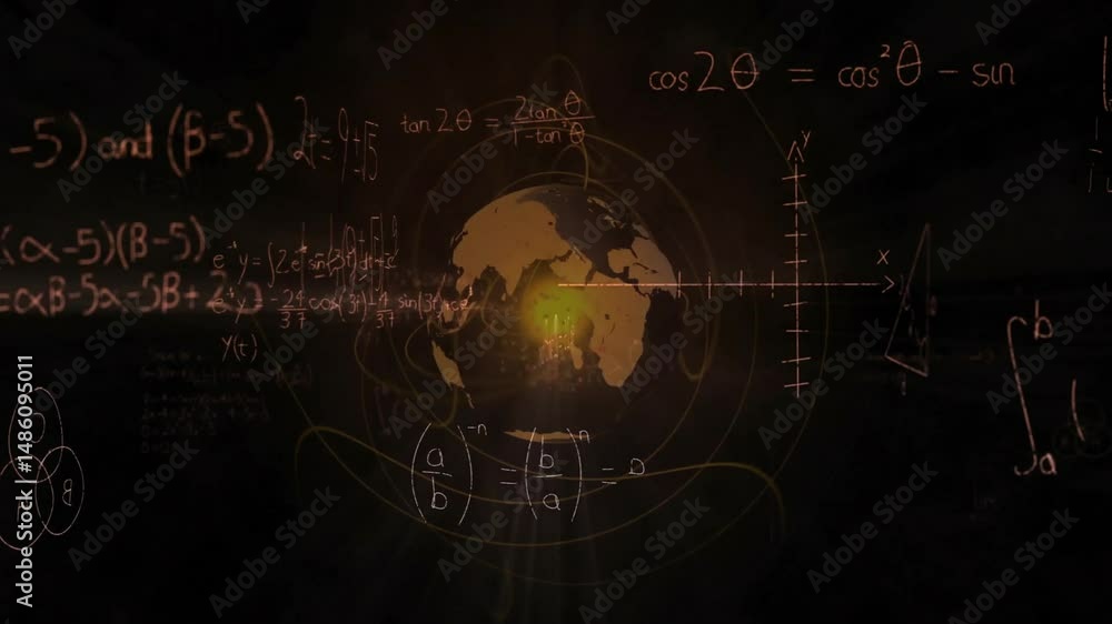 Poster stylized globe glowing on chalkboard backdrop, showing coordinate axes, contour lines and integrals