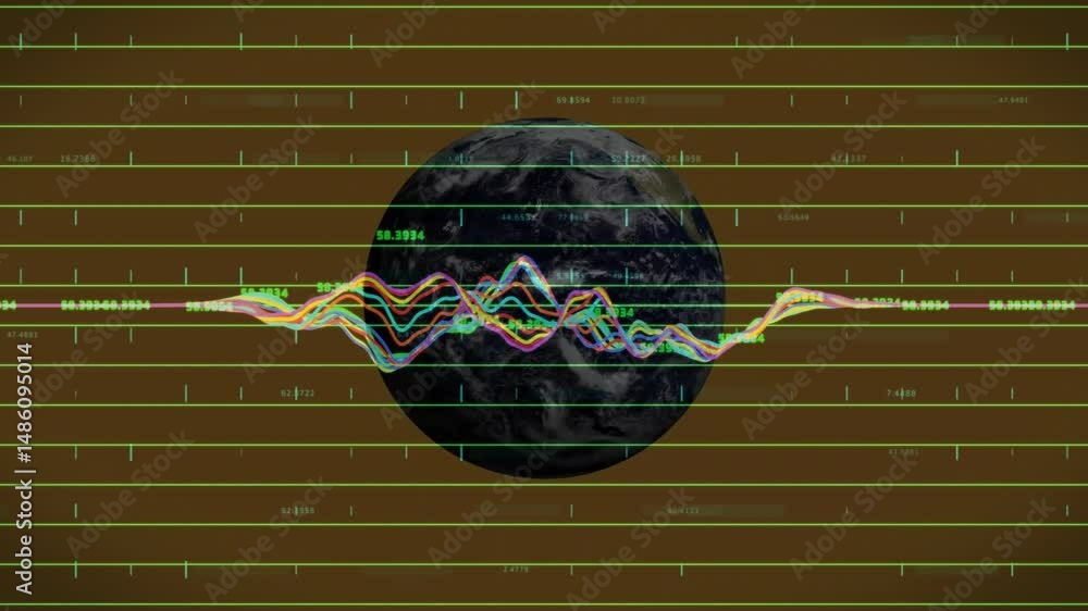 Poster dark-toned globe showing colored waveform graphs overlaying neon-green grid lines on data dashboard