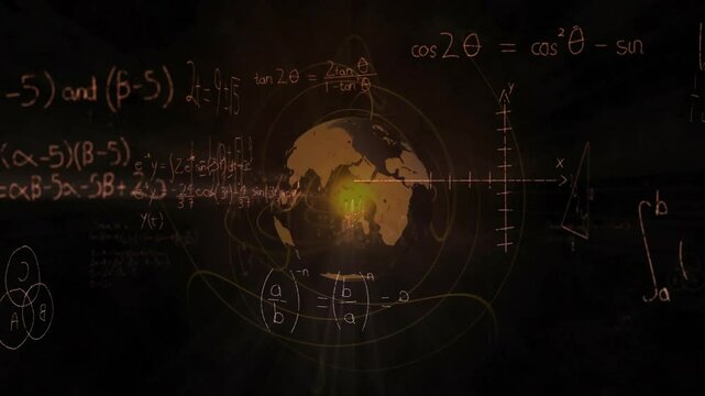 Stylized globe glowing on chalkboard backdrop, showing coordinate axes, contour lines and integrals