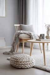 Stylish modern living room in rustic style. Cozy living room arrangement with sitting area, soft blankets, earthly colored pillows and house plants.
