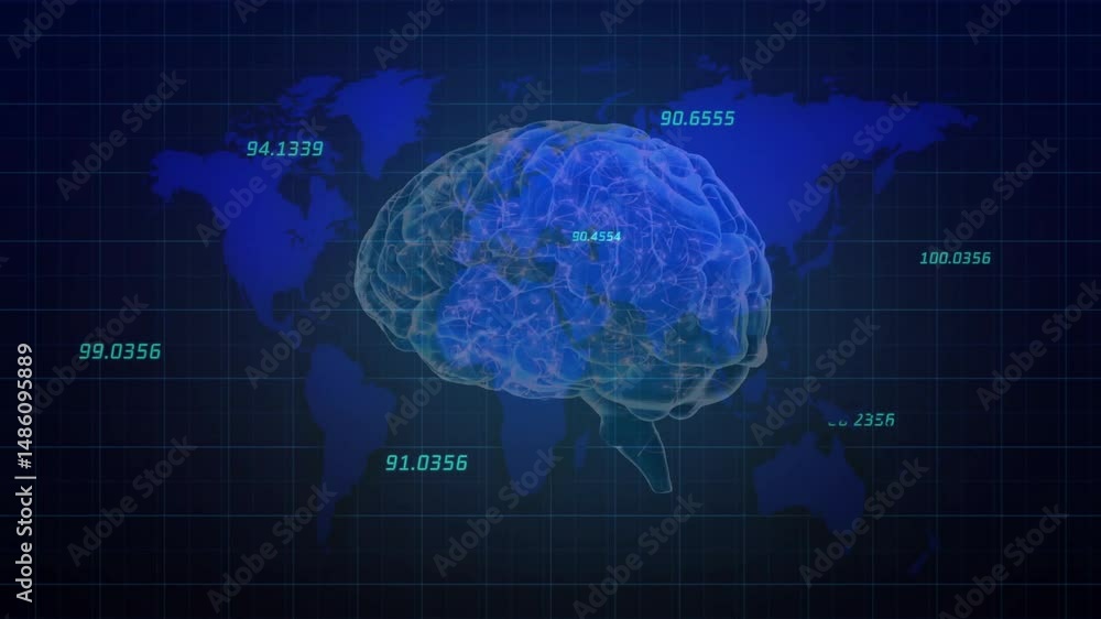 Aufkleber translucent 3d brain model floating over dark blue grid with glowing neural paths and data labels