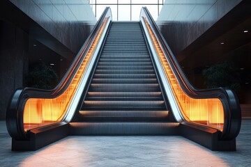 Modern indoor escalator with glowing orange handrails leading upwards in a polished, spacious environment with soft lighting and large windows