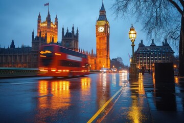 Fototapeta premium Wet evening street scene with illuminated historic clock tower and parliament building, blurred red double-decker bus in motion, and glowing street lamps reflecting on pavement