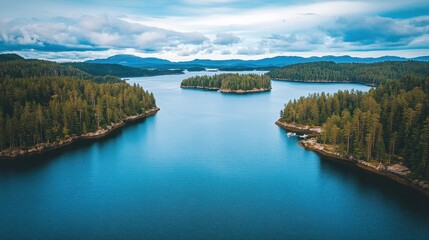 Fototapeta premium High-angle view of a tranquil fjord with islands.