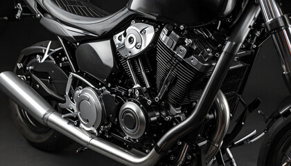 Obraz premium A close-up view of a sleek black motorcycle engine and exhaust system against a dark background