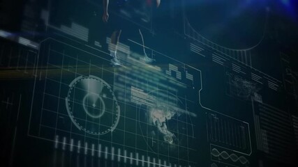 male athlete striking crouched stance in sports tech arena, projecting holographic charts and globe - Powered by Adobe