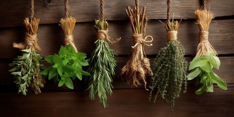 Obraz premium Hanging bunches of medicinal herbs and flowers on a natural wooden background. Herbal medicine.